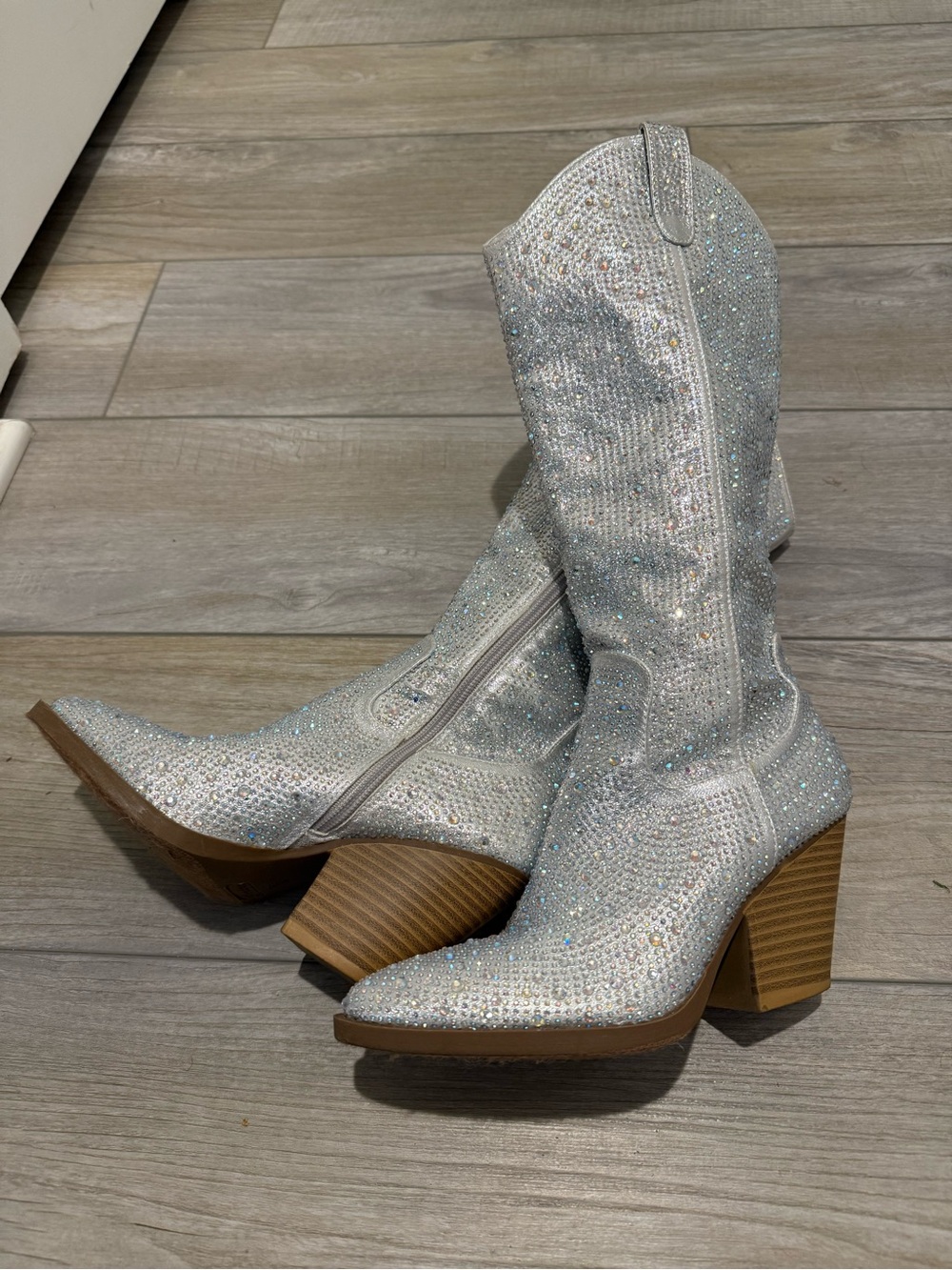 Crystal Embellished Silver Western Block Heel Boots for Women
